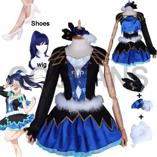 Love Live Sunshine Aqours WATER BLUE NEW WORLD Kanan Matsuura Tops Dress Uniform Outfit Anime Cosplay Costumes Wigs and shoes
