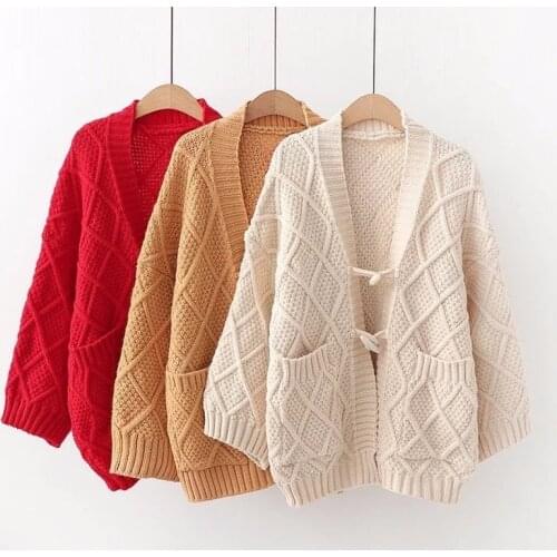 Horn Buckle Japanese College Style Sweater Women Solid Diamond Jacquard Loose V-neck Knitted Cardigan Sweater Female Spring