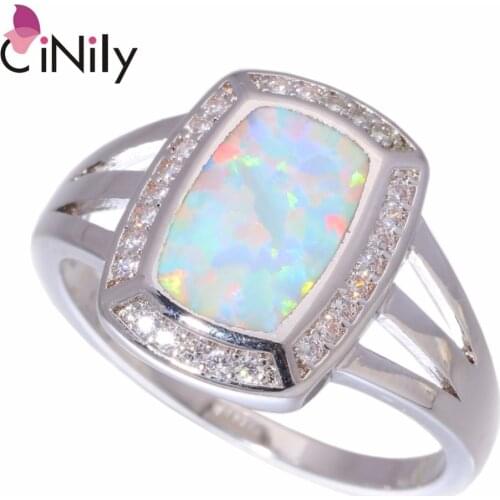 CiNily Created White Fire Opal Cubic Zirconia Silver Plated Wholesale for Women Jewelry Engagement Wedding Ring Size 7-8 OJ9301