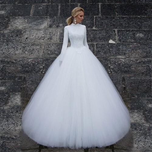 High Neck Muslim Style White Ball Gown Weding Dress Long Sleeves Tulle Bridal Gown Vestido De Novia Sereia