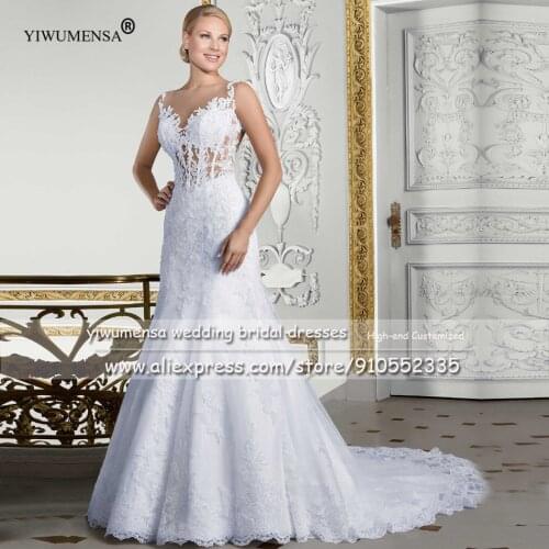 YIWUMENSA Luxury O Neck Sweep Train Mermaid Wedding Gowns Lace Appliques Trouwjurk White Trumpet Bridal Dresses Vestido De Novia