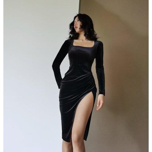 2021 Women Party Velvet Dress Black Long Sleeve Square Collar Skinny High Waist Tunic Elegant Split Sundress Dress Ladies Sexy