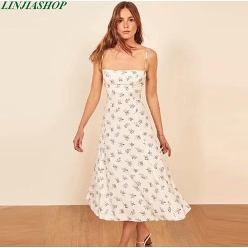 Elegant slash neck autumn party dress women reformation high quality sleeveless spaghetti strap midi dress print