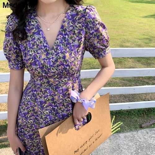 Summer Dress Women V-neck Chiffon Flower Casual Vintage Vestidos A-line Knee-length Short Sleeve Chiffon Floral Woman Dresses