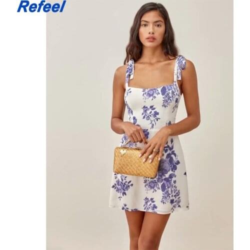 Vintage Tube Top Women Mini Dress Chic Navy Floral Print Split Retro Dresses Sexy Chiffon Vestidos