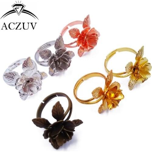 100pcs Mixed Colors Stereo flowers Adjustable Ring Blank Bezel Ring Base Tray Findings TJZT065