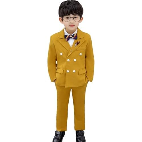 2021 Flower Boys Double breasted Formal Wedding Suit Kids Party Tuxedo Dress Clothing Set Childrens Day Performance Costume
