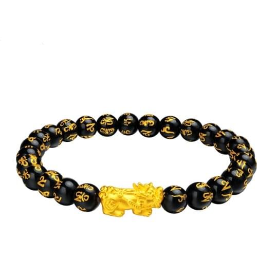 999 24K Yellow Gold Bracelet Real Gold Chain Luck Pixiu Charms and Sutra Black Agate Girl Best Gift Jewellery