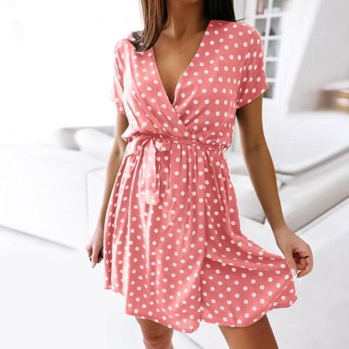 Bohemian Dresses For Women 2021 Polka Dot Print Summer Dress V-neck Short Sleeve Elastic Waist Bandage Party Mini Dress Vestidos