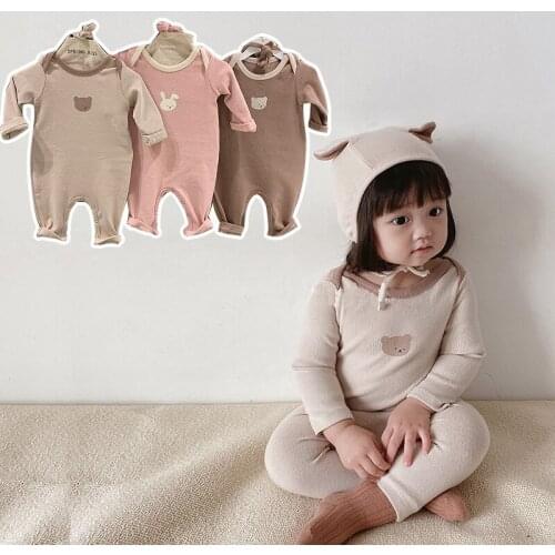 2021 Autumn New Cotton Baby Long Sleeve Romper + Hat 2pcs Bear Print Jumpsuit For Boys Cute Infant Toddler Clothes 0-24M