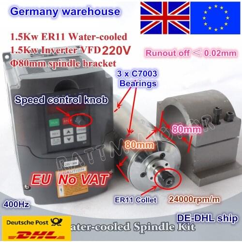 From EU/free VAT 1.5KW Water-cooled spindle motor 220V/ER11/24000rpm/1.5kw Inverter VFD 220V/80mm Fixing for CNC Router Milling