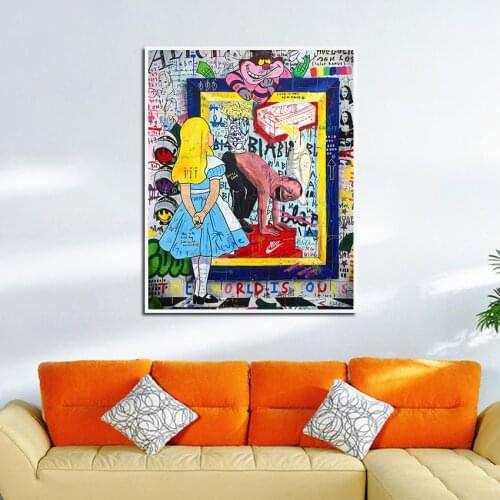 Cartoon Canvas Painting Little Blonde Girl In The Exhibition Hall Looked At The Poster Scene On The Wall Europe Style Decoration