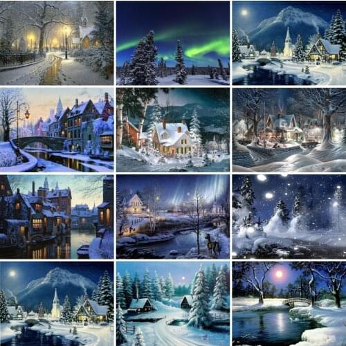 AZQSD Full Kits Diamond Painting Winter Snow Night Picture Of Rhinestones Diamond Embroidery Landscape Mosaic Home Decoration