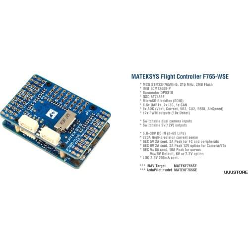 Matek Systems F765-WSE STM32F765VIH6 Flight Controller Built-in OSD Blackbox INAV 3-8S for RC FPV Airplane Fixed-Wing Drones