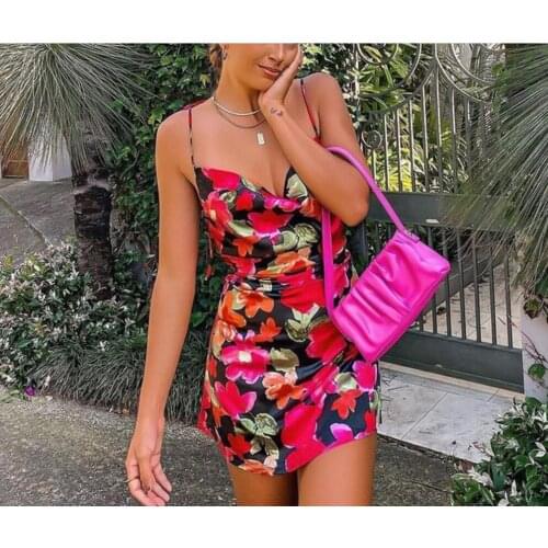 Puloru New Vintage Full Flowers Print Backless Short Dress Party Summer Women Ladies Suspender Lacing Mini Wrap Dresses Clubwear