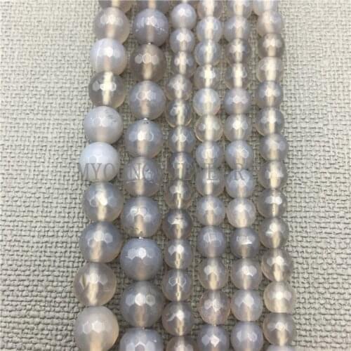 MY0300 Faceted Round Grey Agates Beads, Natural Stone Beads 15.5 Inch Full Strand for Necklace or Bracelet Making