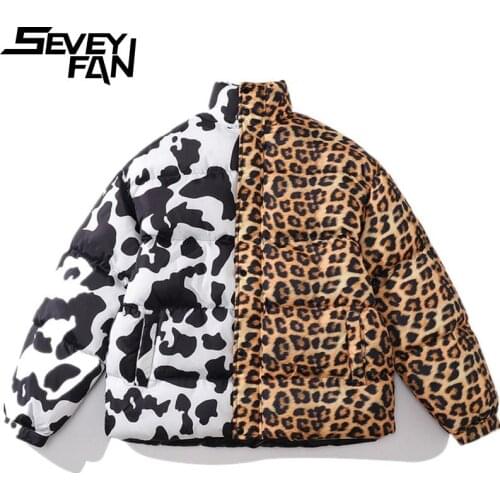 SEVEYFAN Mens Hip Hop Oversize Leopard Cashew Flower Patchwork Jackets Cartoon Animal Down Cotton Winter Coat for Couples