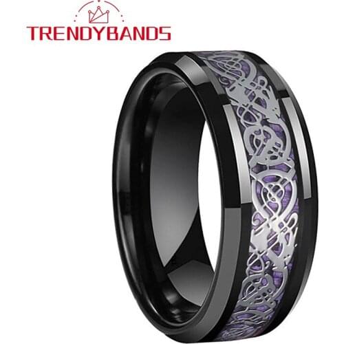 8MM Black Tungsten Carbide Engagement Rings Wedding Band For Men Women Purple Carbon Fiber Dragon Inlay Comfort Fit