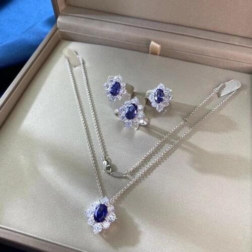 Fashion 100% 925 Sterling Silver Sapphire Created Moissanite Gemstone Engagement Earrings/Pendant/Necklace/Ring Jewelry Set