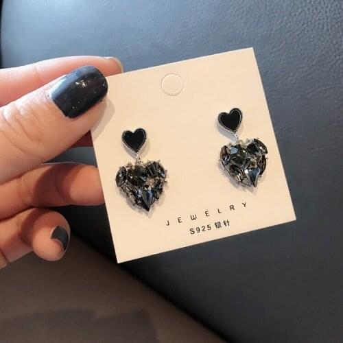 2021 new trendy retro black love rhinestone pendant earrings female fashion temperament 925 silver needle ear jewelry