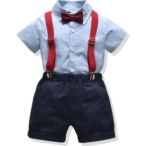 Boy Toddler Formal Outfit Clothes Boys Suit Summer Blue Shirt + Shorts with Belt Childrens Clothing Set 1 2 3 4 5 6 Years