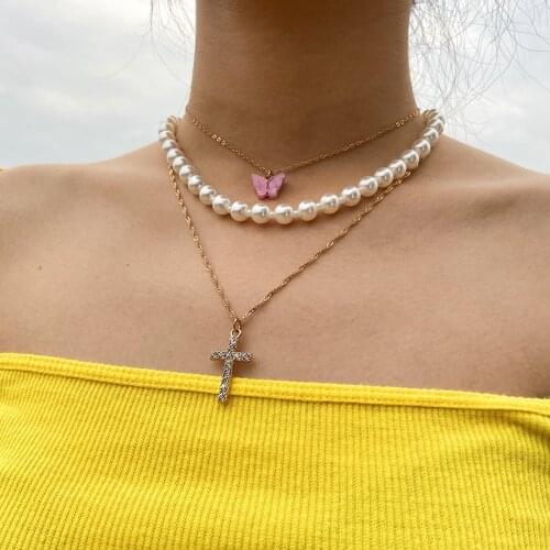 Necklace For Women Fashion Multilayer Pearl Rhinestone Cross Hollow Heart Shaped Long Sweater Necklace Ladies Girls Jewelry