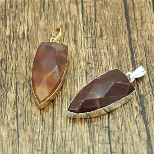 P15052239 Brown Agates Stone Dagger Shaped Pendant- Gold or Silver Bezel Charm Pendant