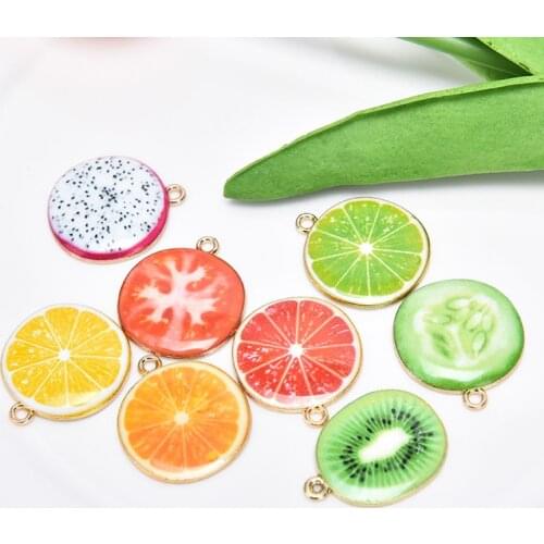 Hot 10PCS Fruit Charms Apple Tomato Lemon Dragon Fruit Kiwi Pendants Enamel Oil Drop Charms Jewelry Making Decor Accessory