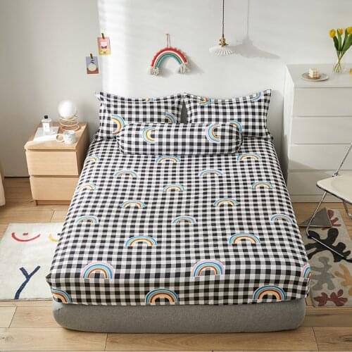 Black White Rainbow Plaid Bed Sheet with Pillowcases Mattress Cover Four Corners with Elastic Band New Printed Fitted Sheet 3pcs