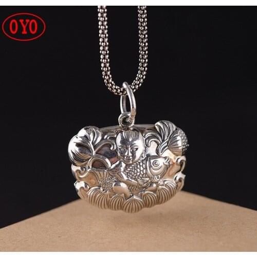 S925 Silver Vintage Baby Lock Carp Lotus Boy Hollow Pendant