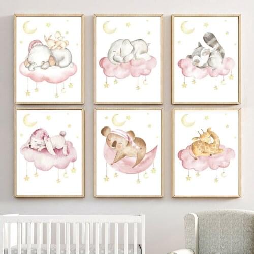 Elephant Bunny Koala Giraffe Raccoon Moon Baby Wall Art Canvas Painting Nordic Posters And Prints Wall Pictures Kids Room Decor