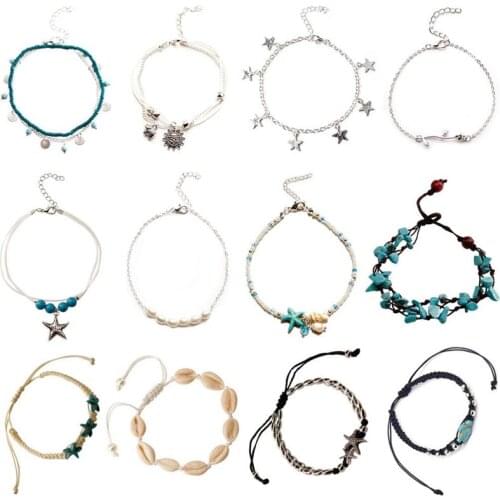 12pcs Vintage Multilayer Seashell Handmade Beaded Anklets For Women 2020 Star Ankle On Leg Summer Beach Foot Jewelry