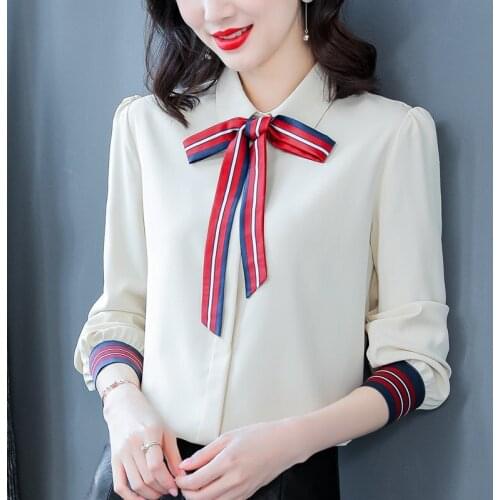 2021 Spring New Fashion Women Blouses Chiffon Shirt Bow Long Sleeve Top Solid Color Female Tops