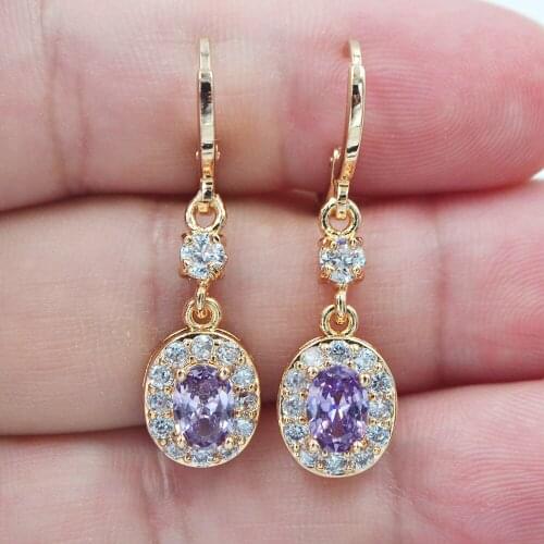 AAA+ Cubic Zirconia Gold Color Fashion Women Oval Purple CZ Dangle Earrings Jewelry