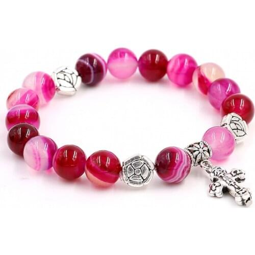 Womens Jewelry 10mm Natural Rose onyx Stone with Alloy Pendant Bracelets,New Design,Stretch Rope Beads Bracelet