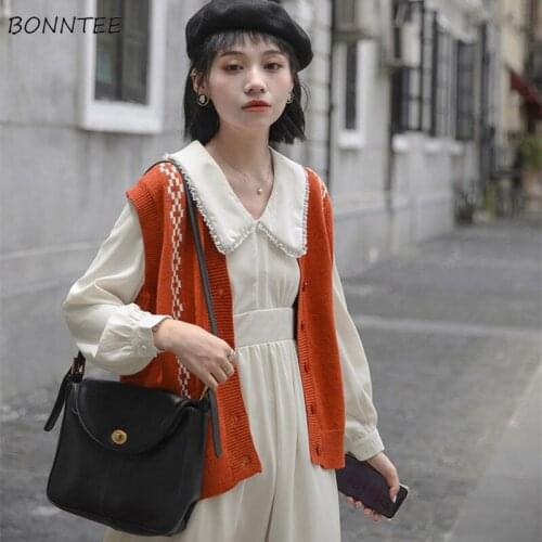 Sweater Vest Women Orange V-Neck Daily Sleeveless Popular Vintage Autumn Korean Style Single Breasted 2021 Print Newest College