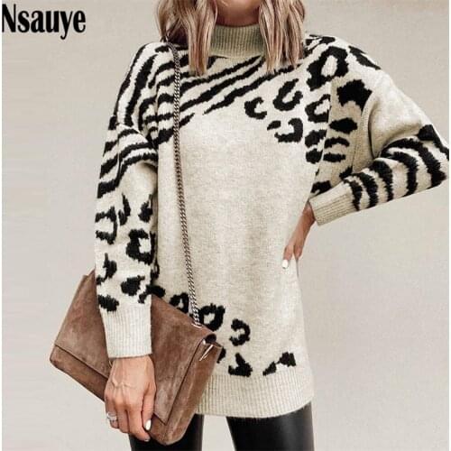 Nsauye Y2K 2021 Autumn Winter Casual Women Leopard Long Sleeve Turtleneck Sweater Mini Dress Sexy Elegant Slim Pullover Dresses