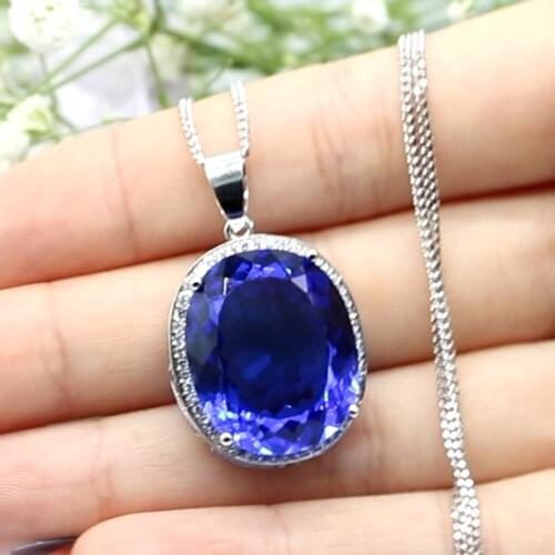 40x21mm SheCrown Jewelry Set Big Oval 22x18mm 17g Anniversary Created Violet Tanzanite For Sister Silver Earrings Pendant
