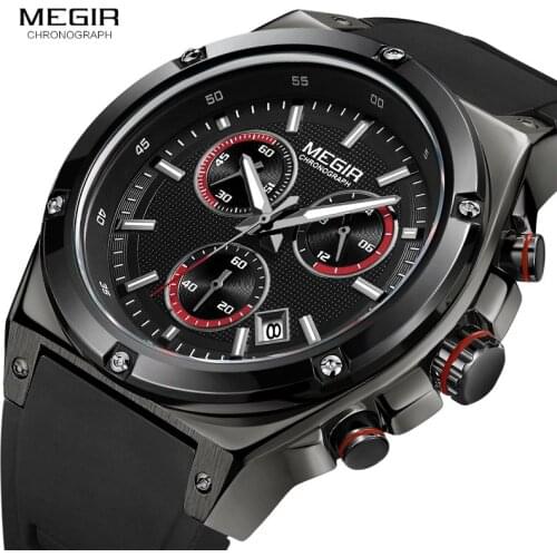 Megir Sports Quartz Watches Men Black Silicone Army Chronograph Wrist Watch Man Relogios Masculino Top Brand Clock 2073G-BK-1
