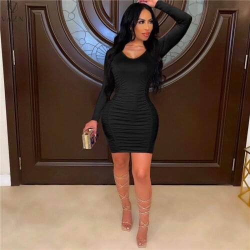 VAZN 2021 New Fashion Street Girl Style Short Dress Long Sleeve Round Neck Dress Pure Color Mini Short Women Dress