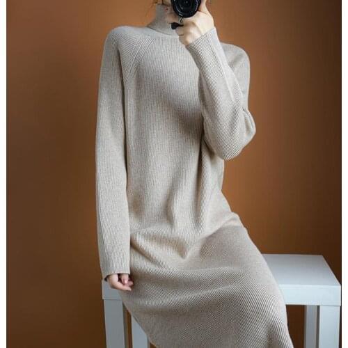 Pure Color Turtleneck Woolen Dress Womens One-piece Dress Straight Winter Womens Fashion Oversized Long Sleeve Turtleneck