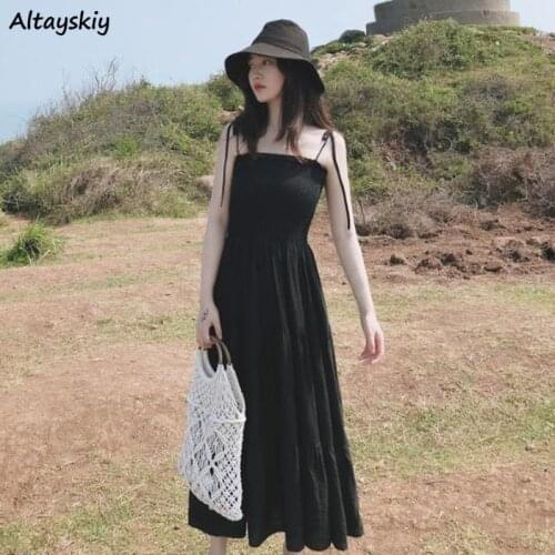 Dresses Women Solid Elastic Sleeveless Holiday Beach Ankle-length A-line Spaghetti Straps Korean Style Simple Casual Female New