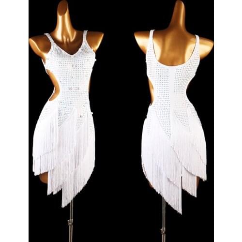 Professional Latin Dance Competition Dress For Women Sexy V-Neck White Latin Dance Fringed Dress Performance Dancewear DQS6505