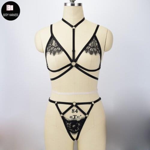 Harness Bondage Black Lace Cage Sexy Lingerie Set Fetish Rave Body Harness Sheer Cage Bra Perspective Open Crotch G-string