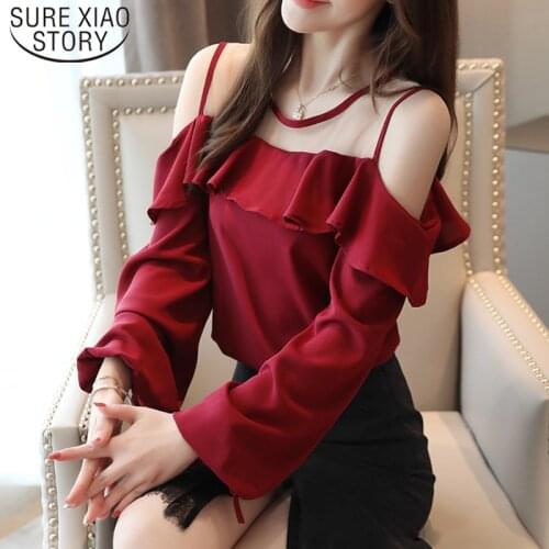 Casual Off Shoulder Tops Solid Long Sleeve Chiffon Blouse Blusas Mujer De Moda 2020 Autumn Women Tops and Blouse 6756 50