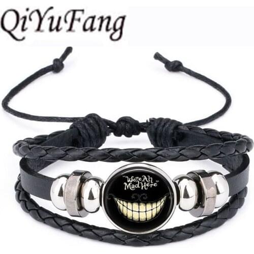 QiYuFang Alice in Wonderland hatter Leather Bracelet We're all Mad Here Jewelry Black Multilayers Charm Bracelets for Women Men