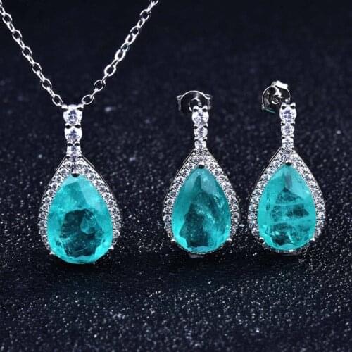 Luxury Paraiba Tourmaline Water Drop Pendant Necklace Charm Piercing Earrings 925 Silver Jewelry For Women Wedding Engagement