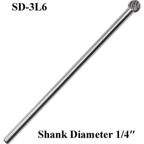 SD-3L6 Tungsten Carbide Burr Lengthened Rotary File Ball Shape Double Cut for Die Grinder Drill Bits 1/4'' Inch Diameter