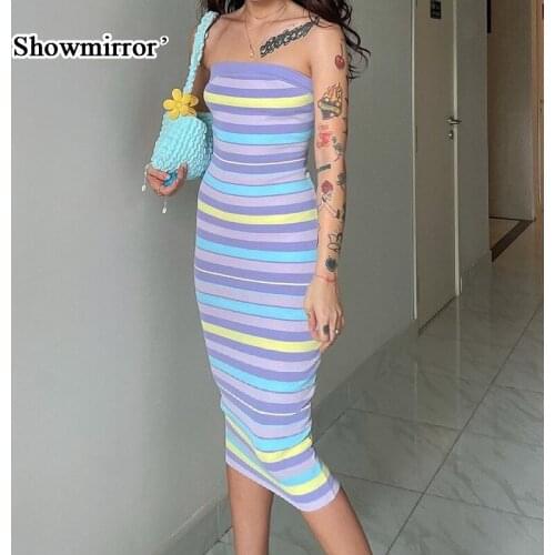 Showmirror Rainbow Printed Party Dress Women 's Club Dresses Vestido 2021 Maxi Dresses Wrap Bodycon Dres Fashion 23473