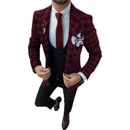 Terno Slim Fit Blue/Wine Red/Brown Plaid Check Men Suits Formal Blazer Masculino Tailor-Made Trajes De Novio 3 Pieces Set Tuxedo